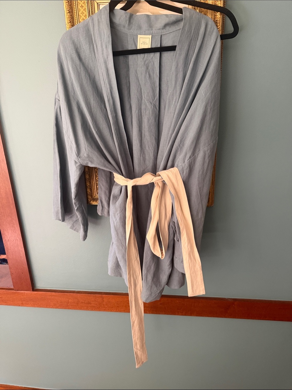 Light Blue Wrap Jumpsuit with Cream Tie Belt by